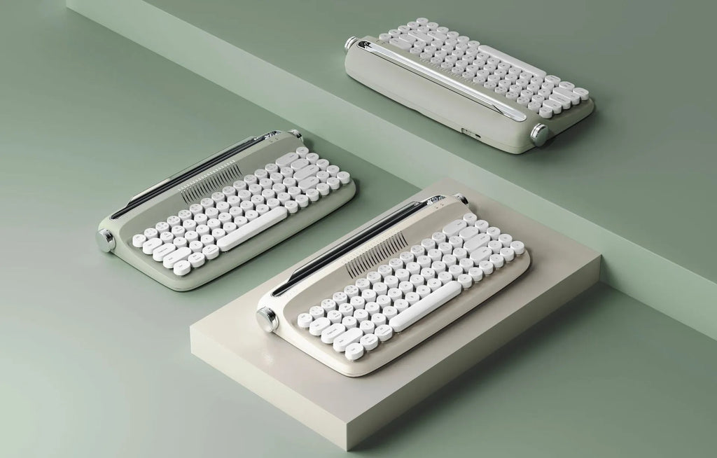 B307 rechargeable retro Bluetooth wireless keyboard in sand beige with white keys, ABS construction