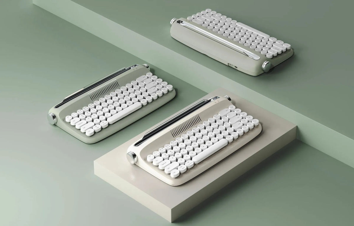 B307 rechargeable retro Bluetooth wireless keyboard in sand beige with white keys, ABS construction