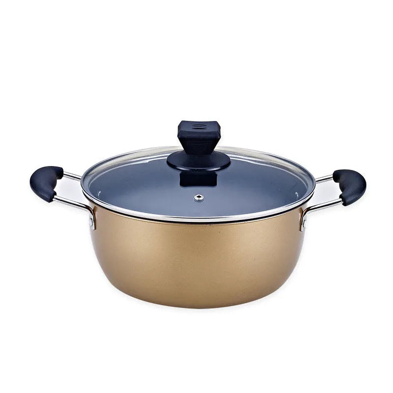Three-piece cast iron cookware set showing a soup pot, milk pot, and wok with light luxury finish.