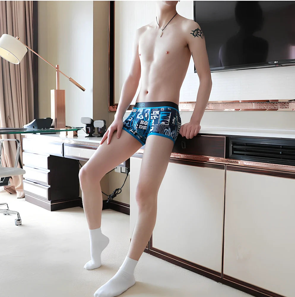 Men's cotton boxer shorts with personality printing in blue, green, purple, and red colours