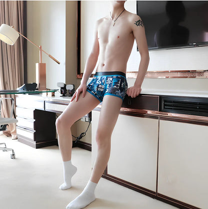 Men's cotton boxer shorts with personality printing in blue, green, purple, and red colours