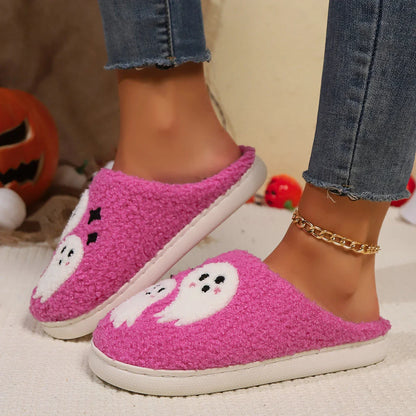 Cozy Halloween cartoon ghost slippers with soft cotton construction and non-slip soles for indoor wear