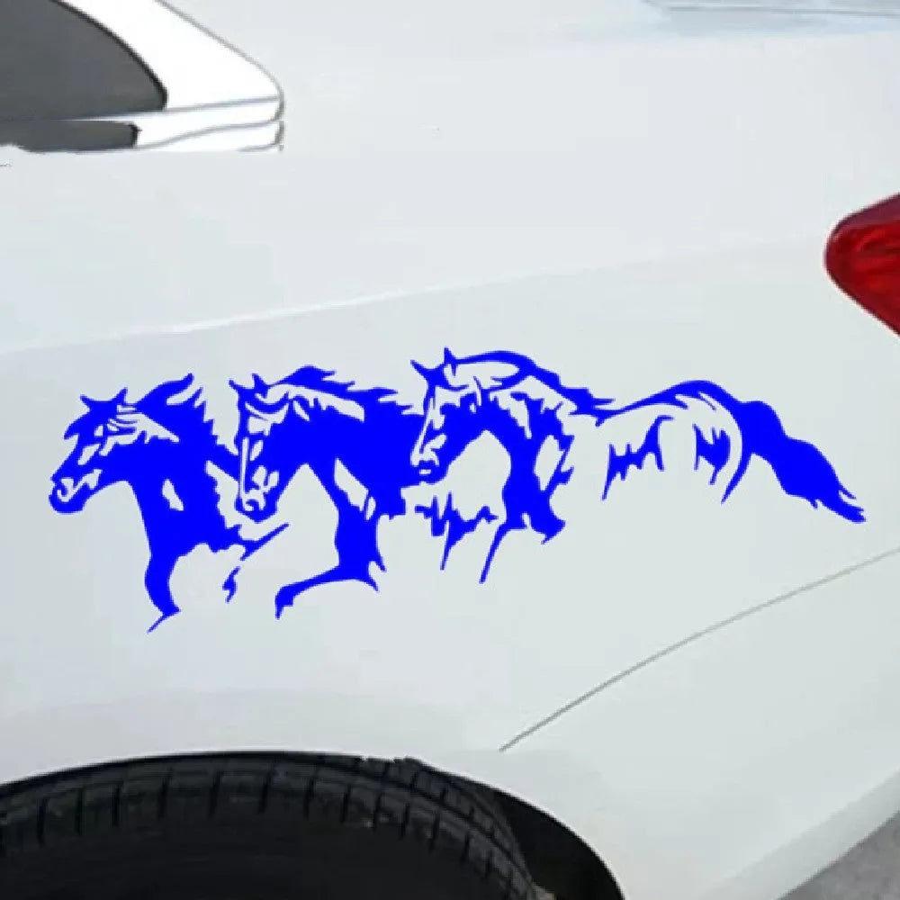 Three Horses design car sticker in black, white, red, and blue colour options, 25cm long.
