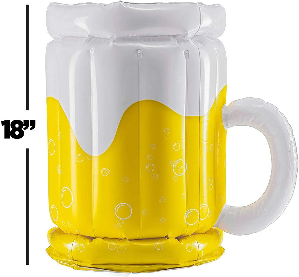 Large yellow inflatable beer mug cooler floating in swimming pool with drinks
