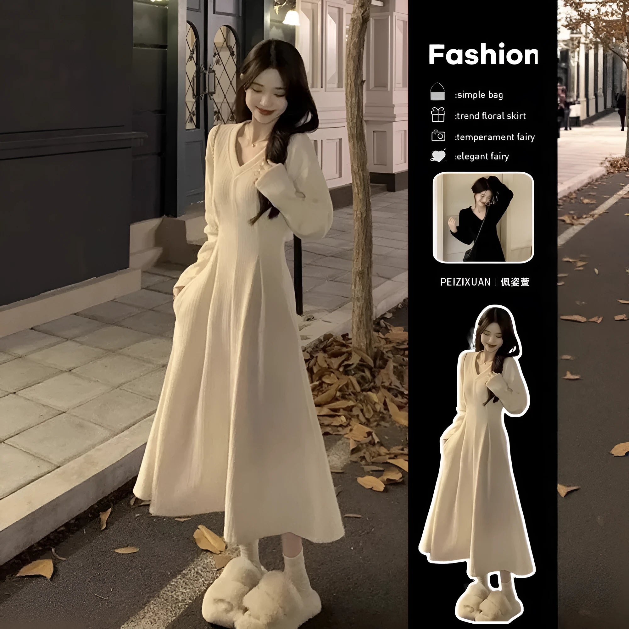 Women's milky white V-neck knitted long dress with princess sleeves on a hanger.