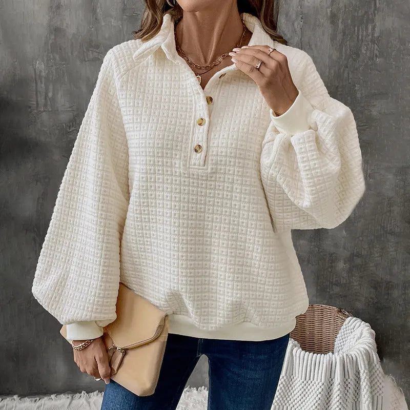 Women's textured polo collar solid colour sweater in beige on a hanger.