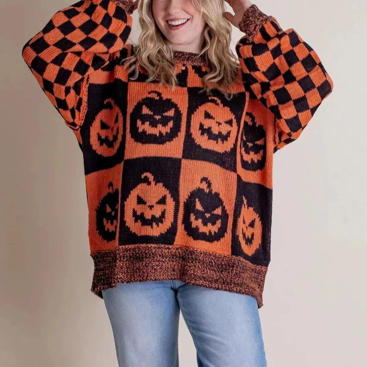 Halloween-themed pumpkin ghost knitted sweater for women in various colours