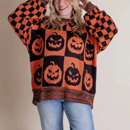 Halloween-themed pumpkin ghost knitted sweater for women in various colours