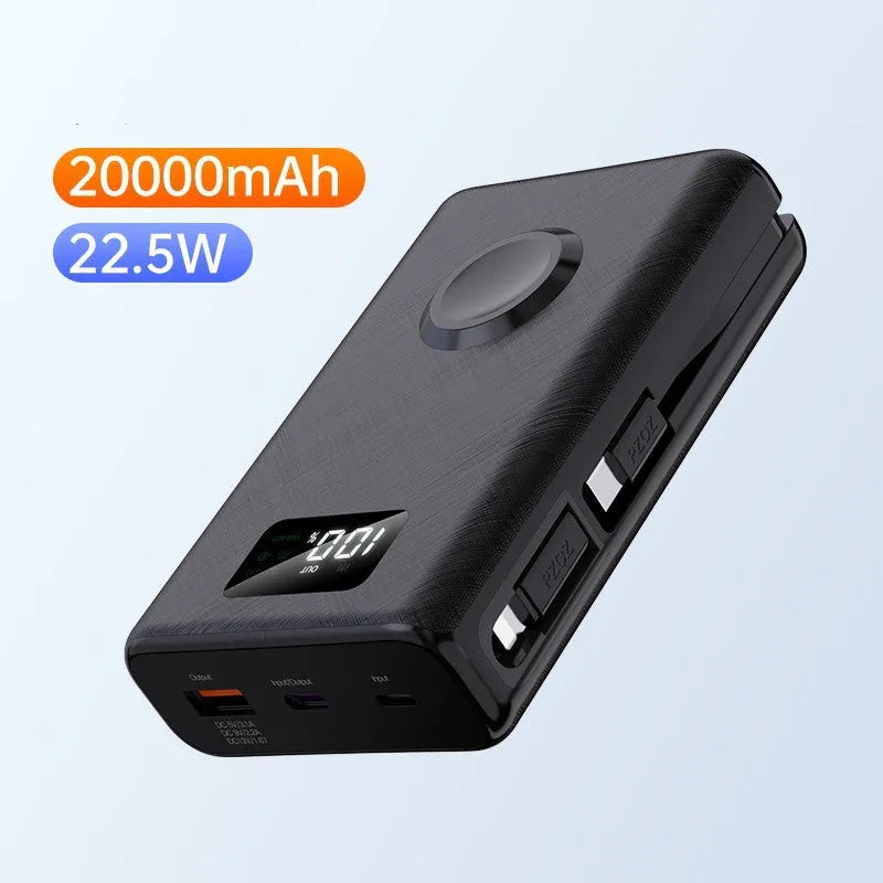 White wireless mobile power supply showing screen display and multiple charging ports