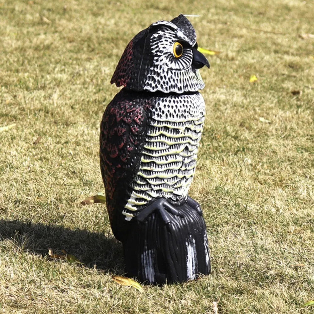 Hunting animal repeller PE owl decoy 38.5cm tall with realistic painted detail, isolated on white
