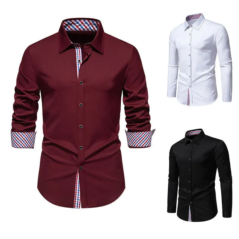 Men's loose-fitting plaid long-sleeved casual shirt in wine red, hanging on a background.