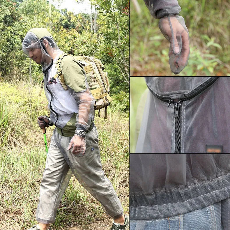 Men's gray anti-mosquito mesh plaid coat for outdoor sports with quick-dry fabric