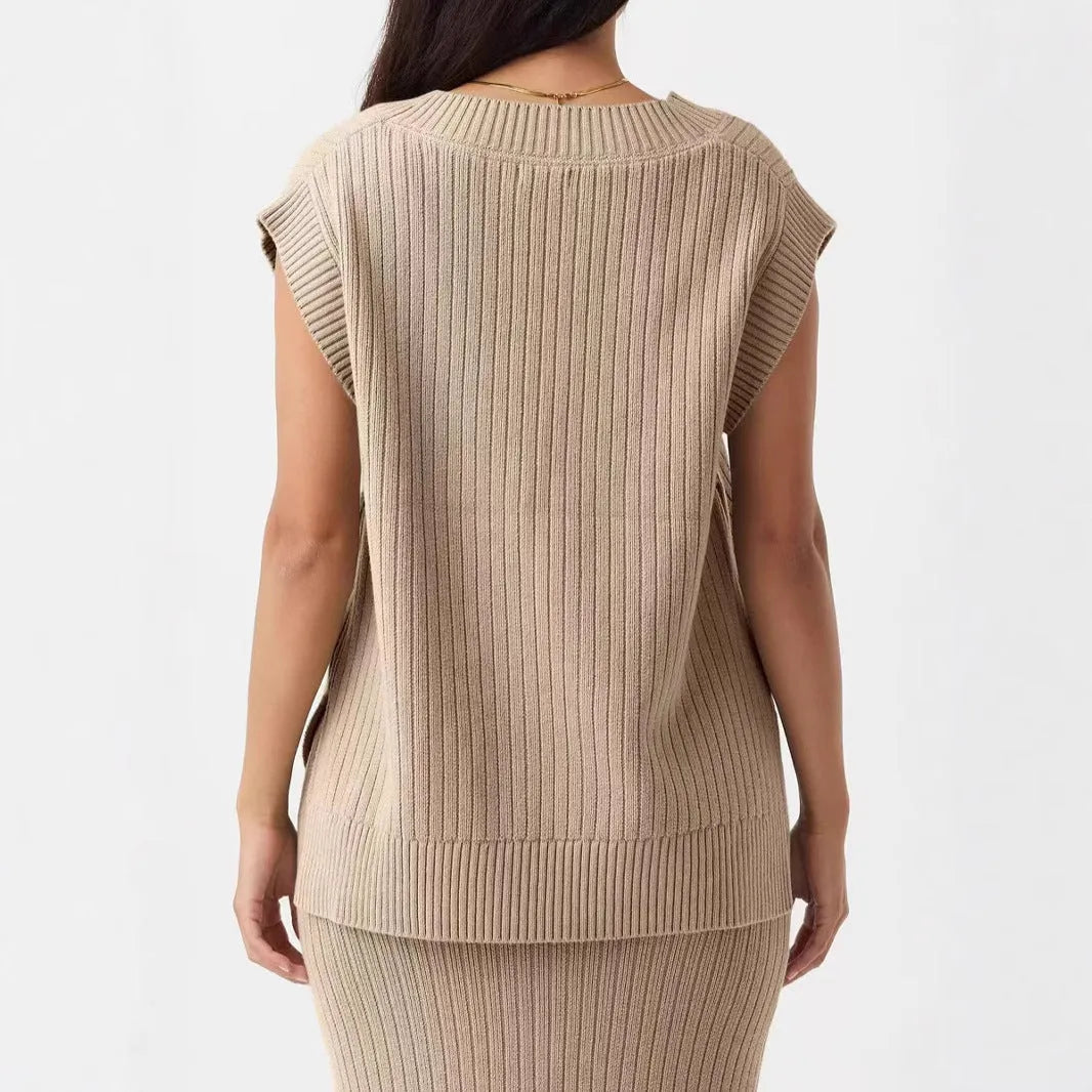 Camel colour V-neck sleeveless loose fit vest with stripe pattern on a hanger