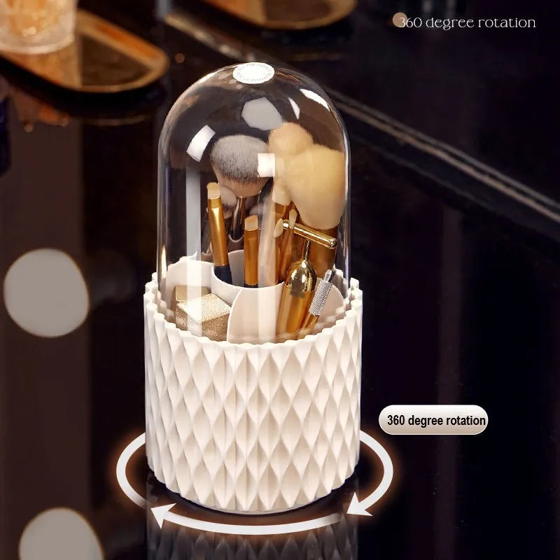White rotating acrylic makeup brush holder with transparent dust cover showing brush compartments