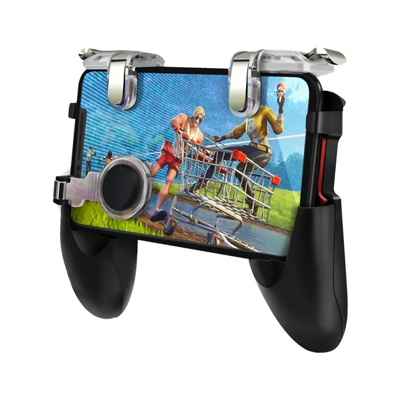 Black mobile phone plug-in gaming handle attached to a phone for physical control.