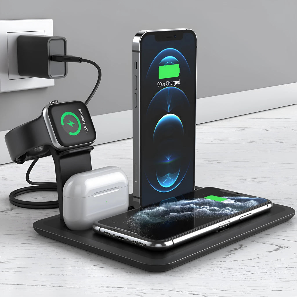Black wireless charging bracket holding an iPhone vertically, with AirPods and an Apple Watch on its base.