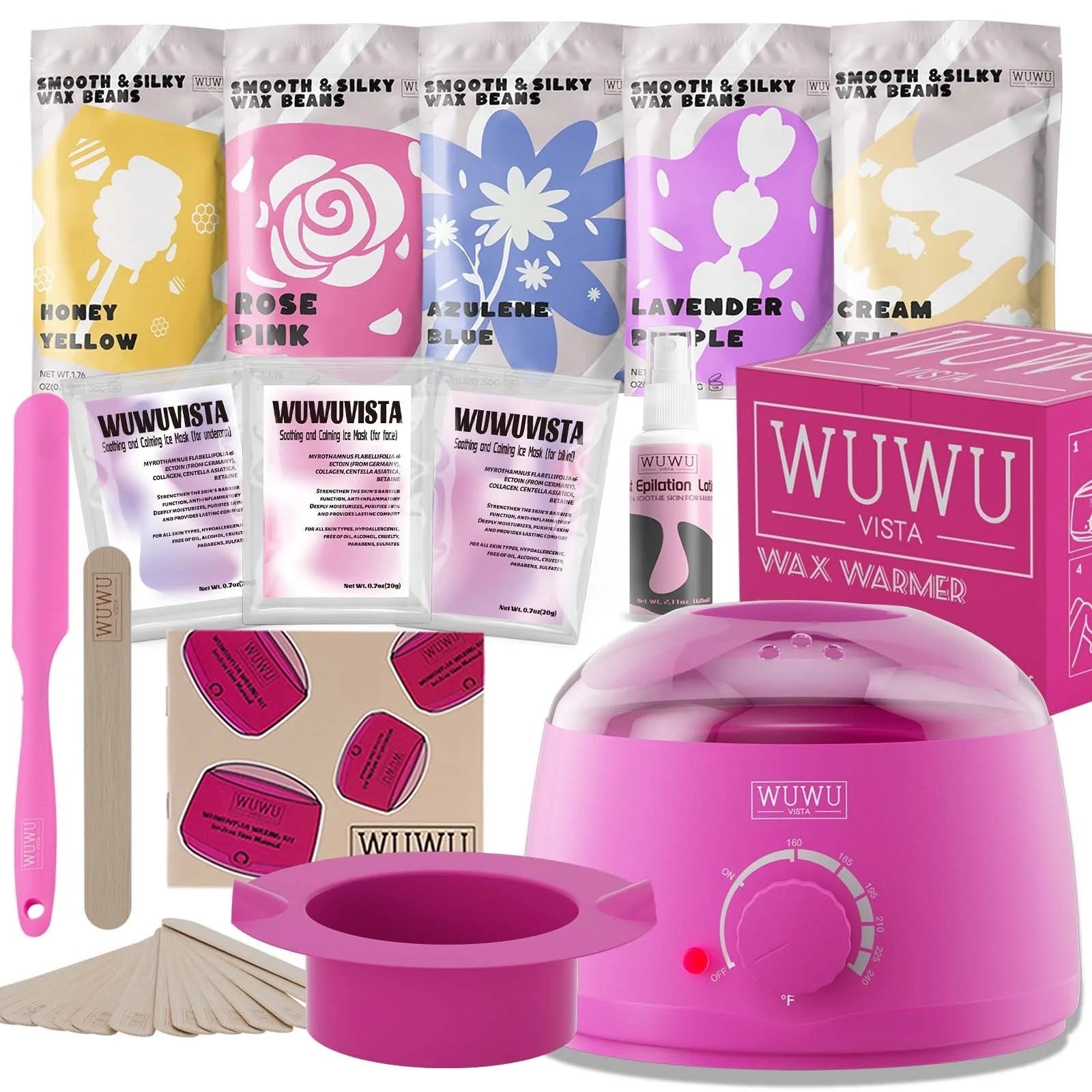 WUWUVISTA 23-piece waxing kit for at-home hair removal with wax warmer, beans, and skin care products