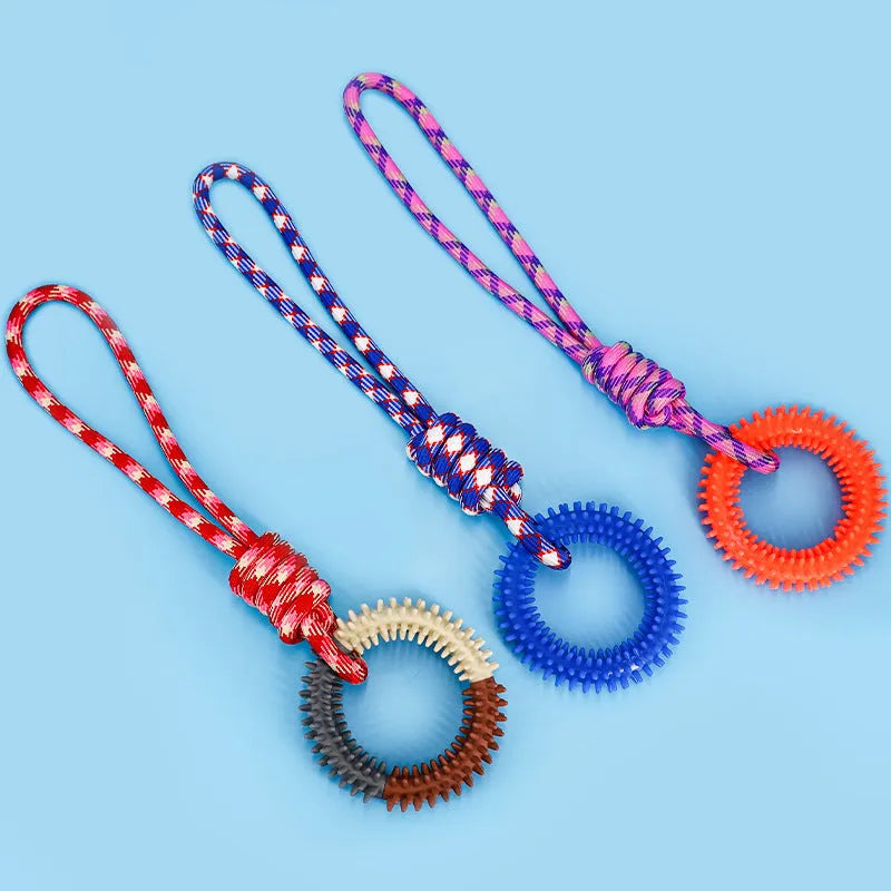 Blue braided rope dog chew toy with knots measuring 43cm length
