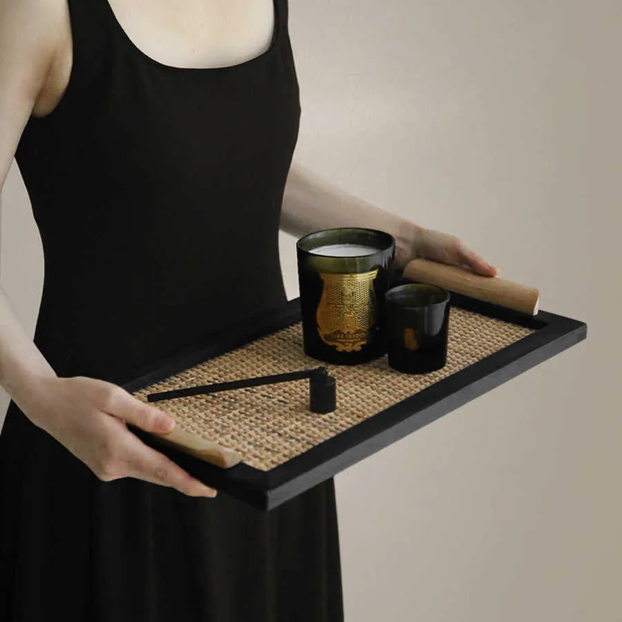 Pine wood dining tray with compartments shown in small and large size options.