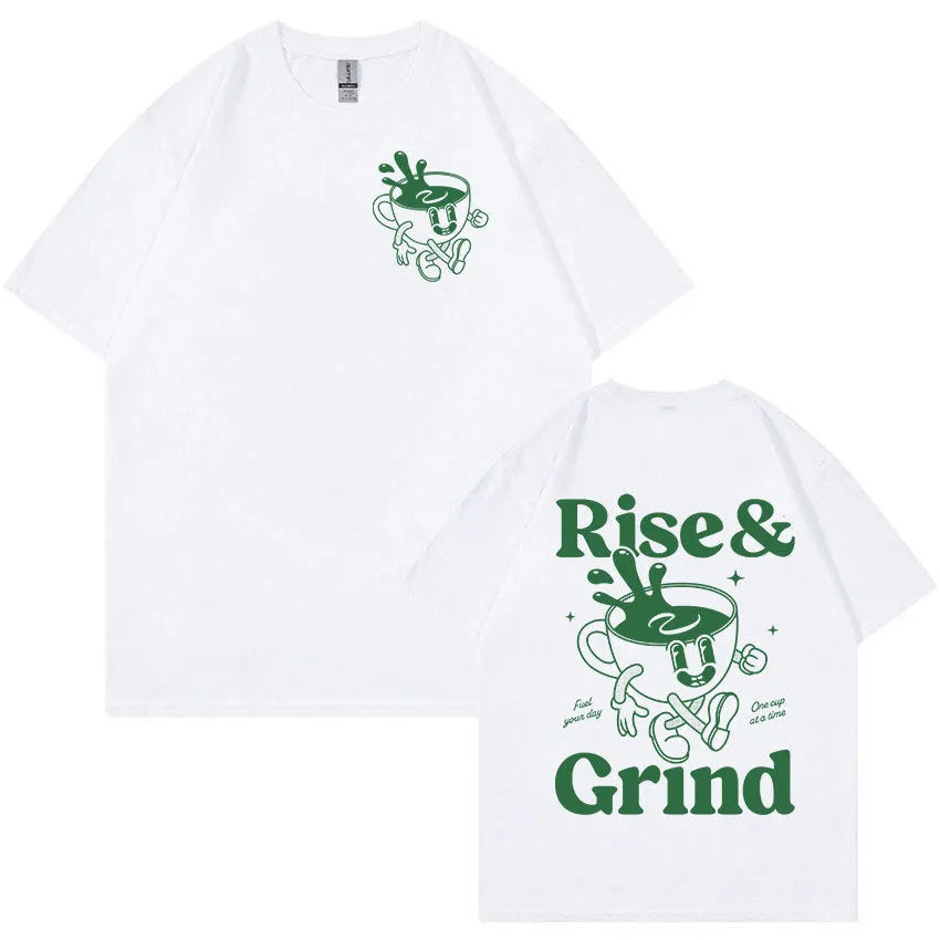 Rise And Grind Green Coffee expression printed on loose fit linen T-shirt