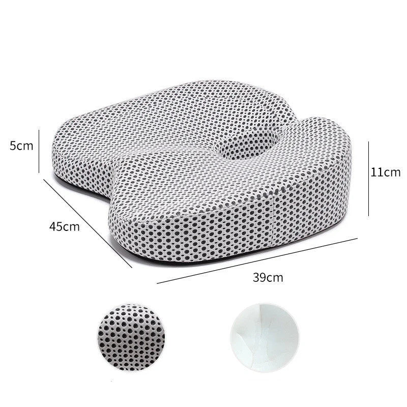 Slow Rebound Memory Foam Car Seat Cushion in white and grey, featuring breathable corrugated mesh fabric