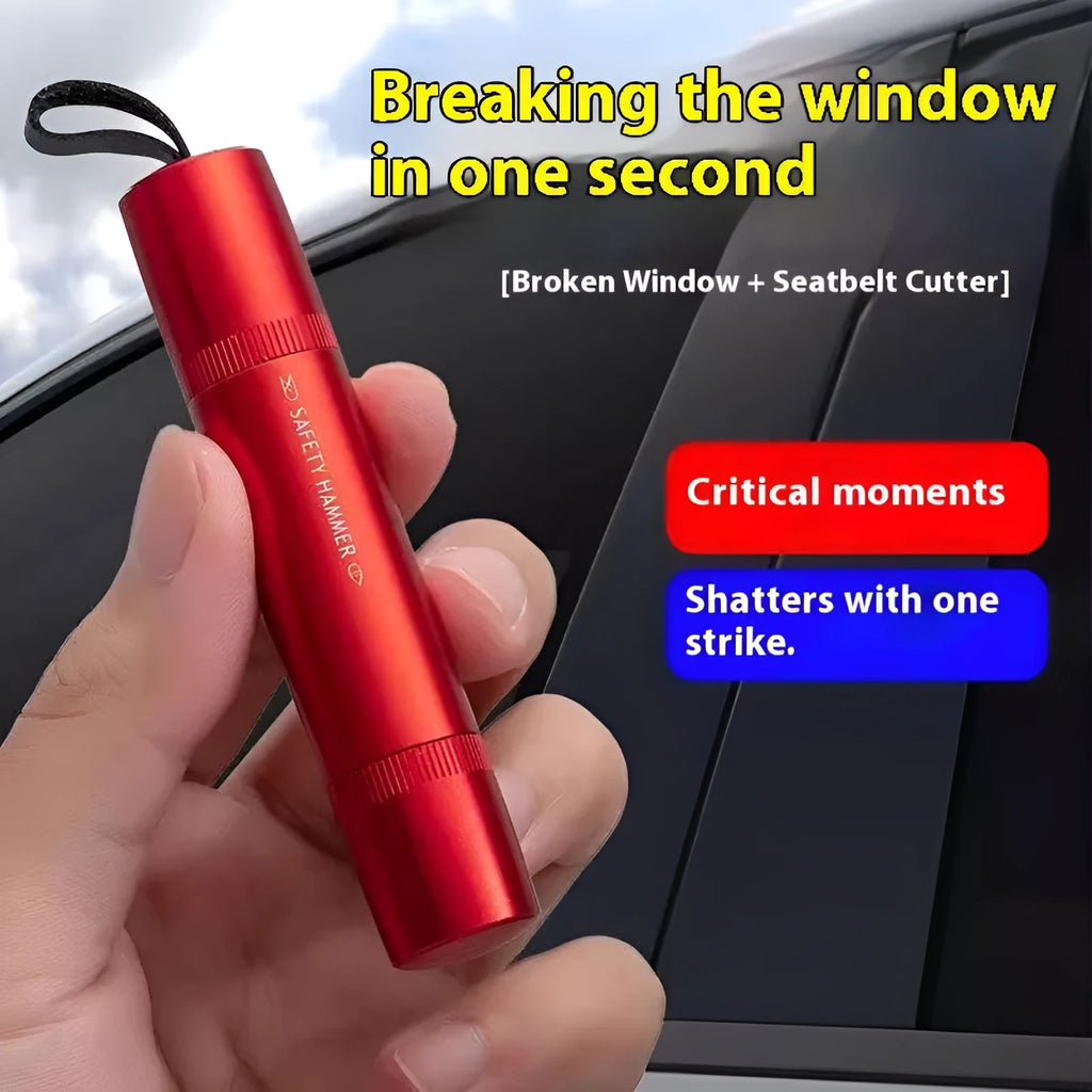 Black and red car safety life hammer with tungsten steel window breaker tip and seatbelt cutter