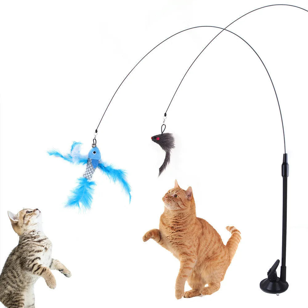 H Hot-selling sucker cat teaser with blue flying fish replaceable head, steel wire arm, and PP construction on a window