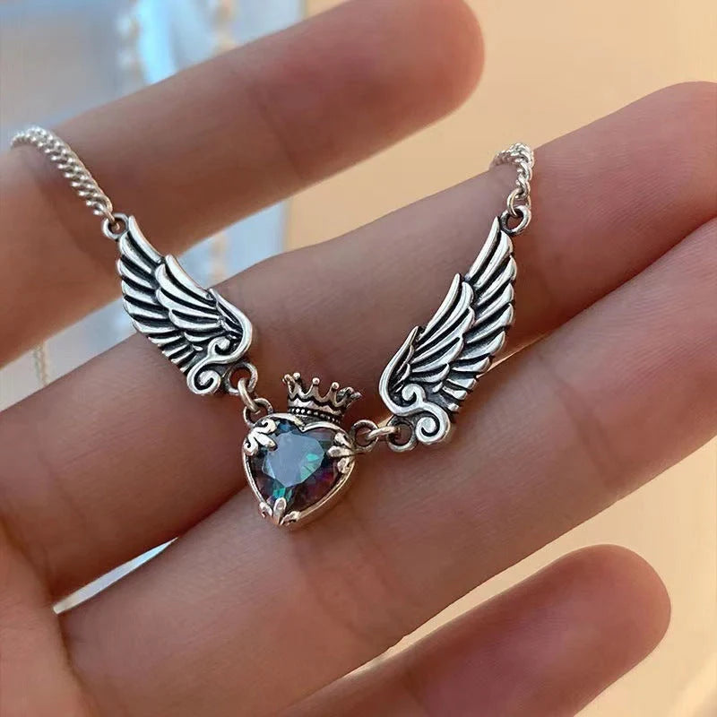 Vintage Gothic Heart Crown Angel Wings Pendant Necklace for women