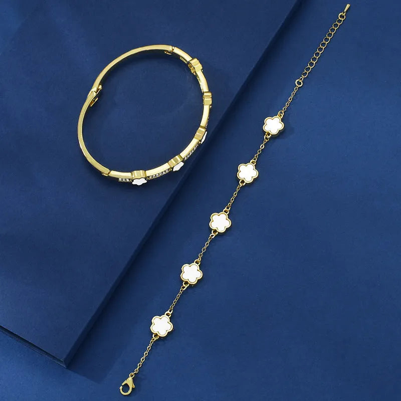 Five Petal Flower Brace Lace Bracelet Two-piece Set in copper with electroplated finish, five colours available