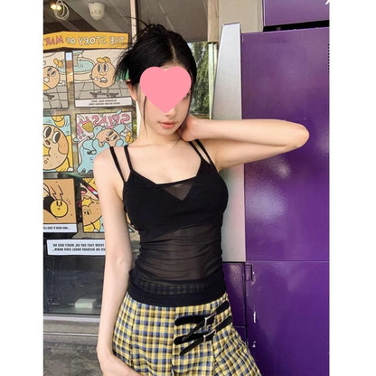 Short sleeveless see-through top in polyester fabric showing no back design