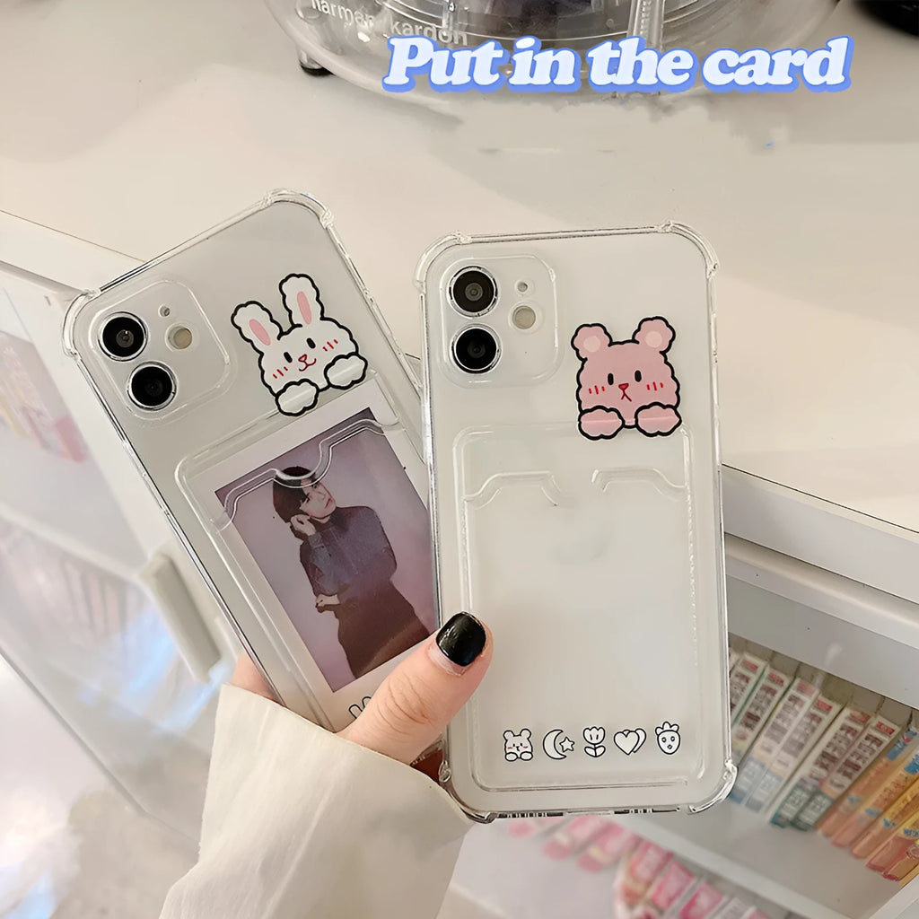 Clear cartoon-design iPhone case with a built-in card holder slot on the back.
