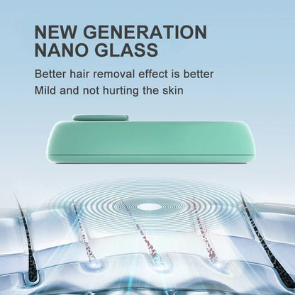 Green crystal hair removal device with metal ring grip on flat nano-glass surface