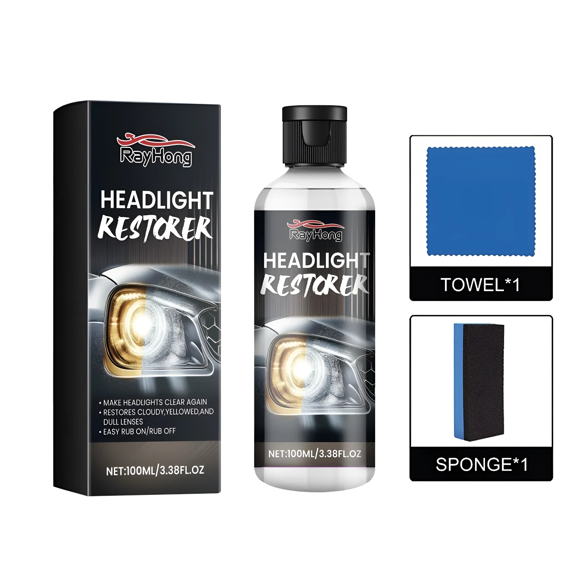 Headlight restoration kit with PET fluid bottle, microfiber cloth, and sponge applicator for car lens polishing
