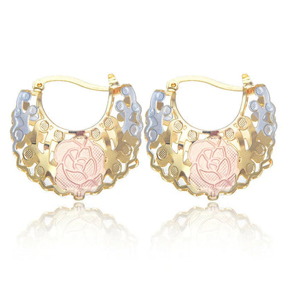 Hollow rosette earrings with gold contrast hoops, geometric copper jewellery