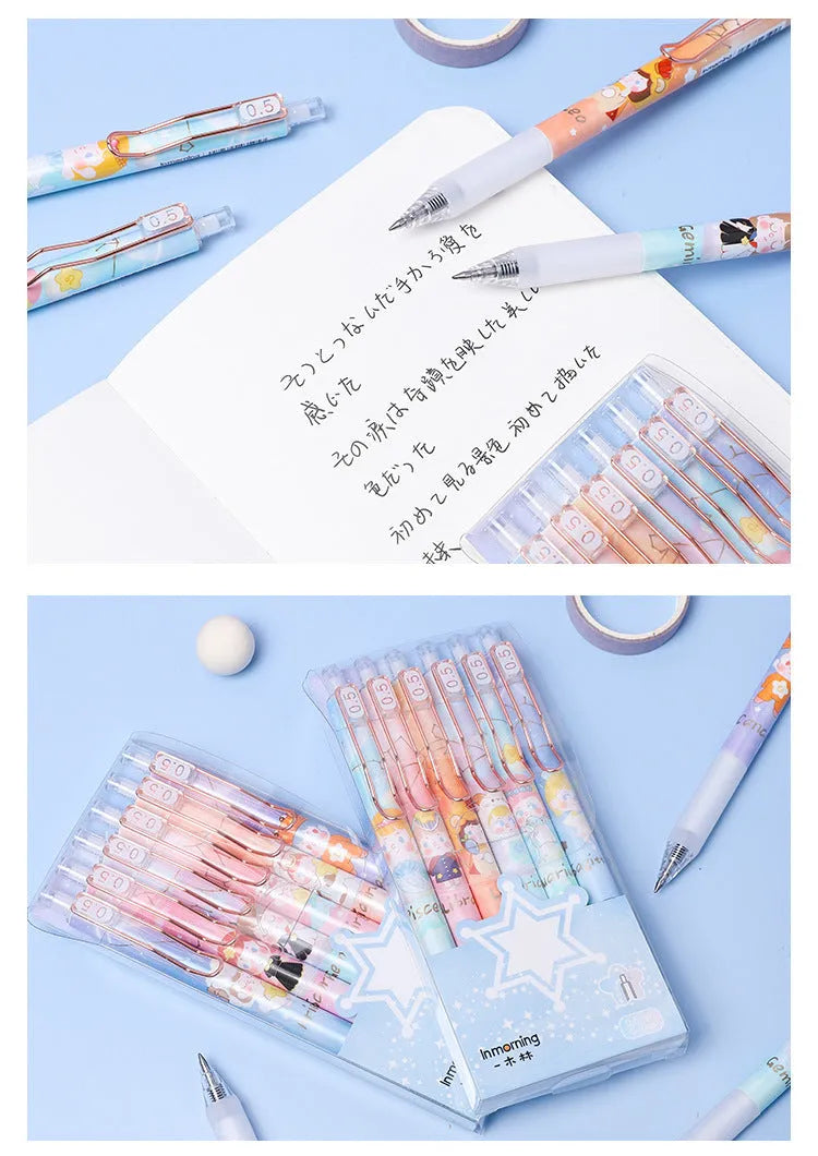Six constellation-themed 0.5mm press gel pens with zodiac designs in plastic shells