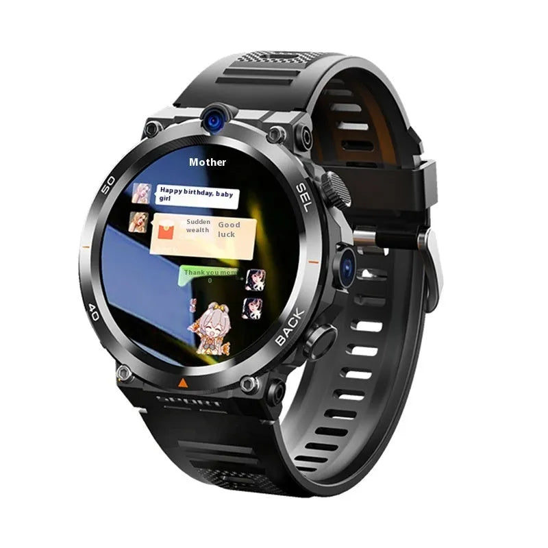 Run 2G Memory 16G coloured sports smartwatch with dual cameras and a touch screen on a wrist.