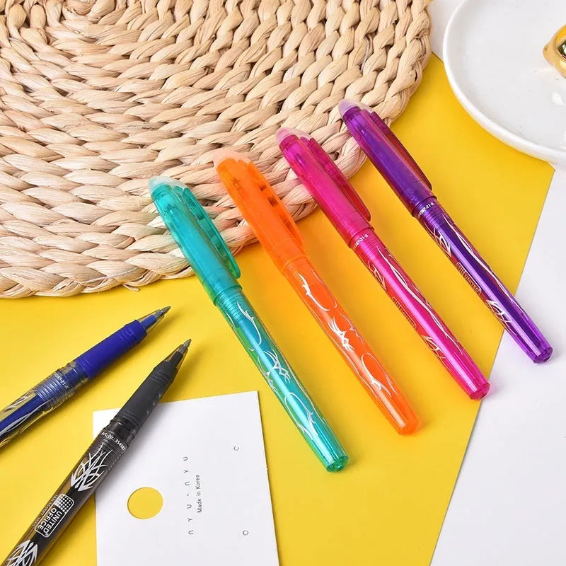 Hot erasable gel pen set with choice of 0.5mm or 0.7mm tip, showing plastic body and stainless steel nib.