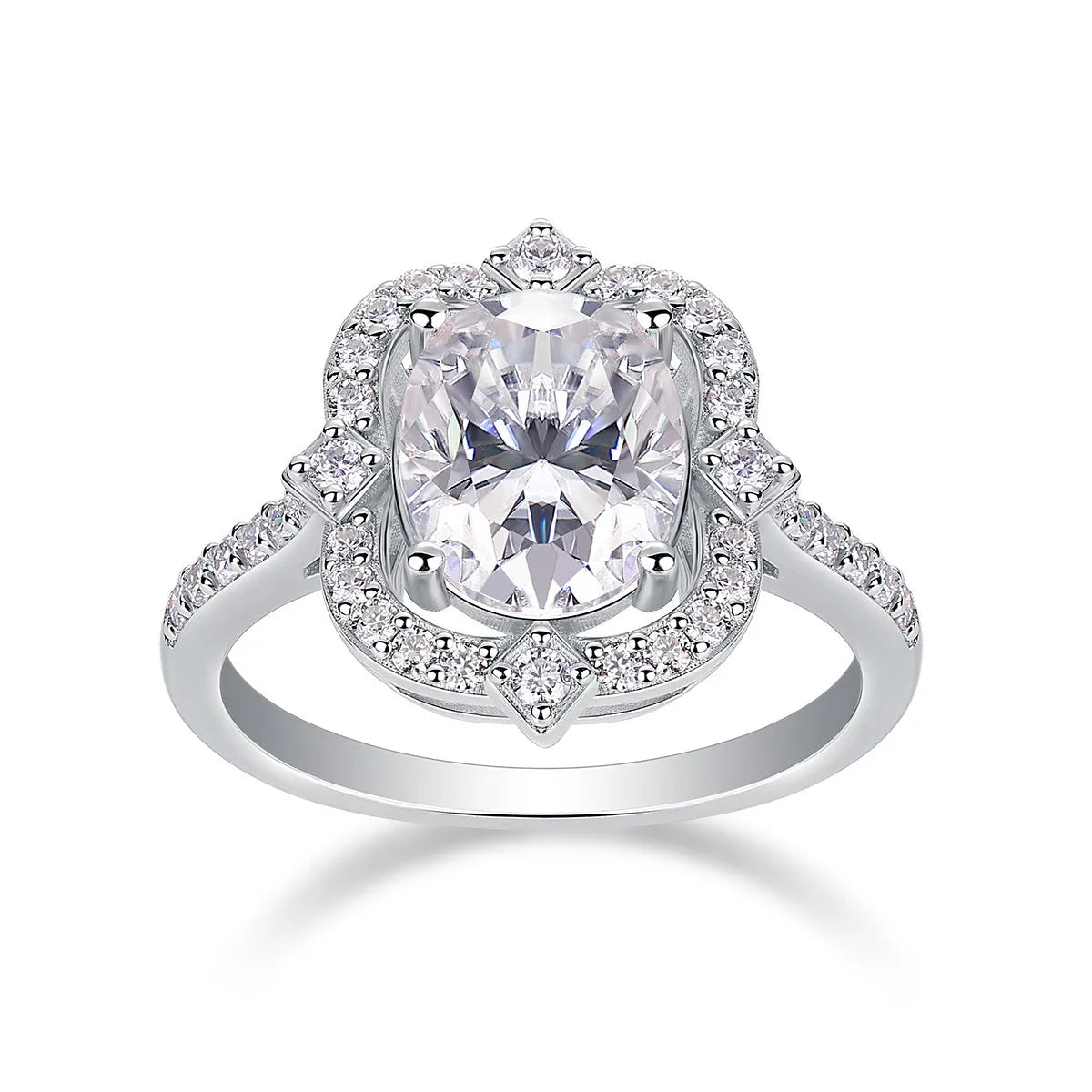 Egg-shaped moissanite ring set with S925 silver and platinum plating on a white surface