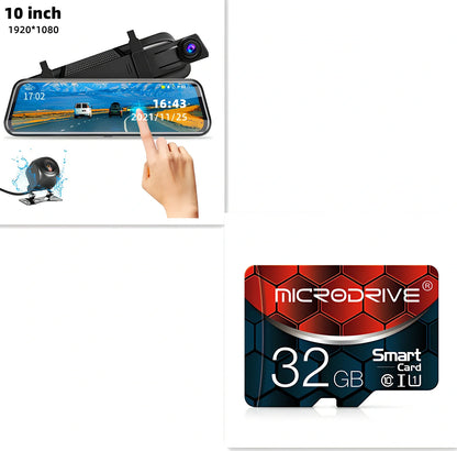 10-inch dual recording dash cam mounted as rearview mirror with 170-degree front and rear cameras