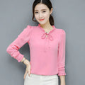 Loose plus size women's bow chiffon shirt in rose red – long sleeve pullover blouse