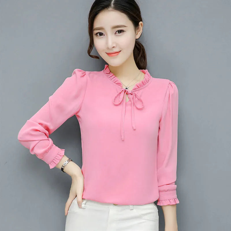 Loose plus size women's bow chiffon shirt in rose red – long sleeve pullover blouse