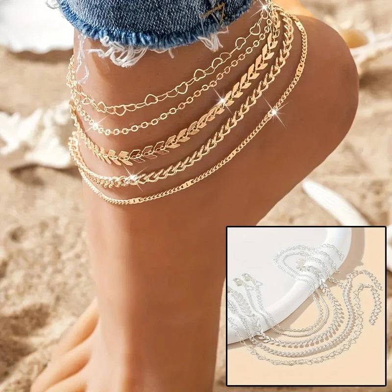Bohemian heart-shaped and airplane chain design anklets in gold and silver