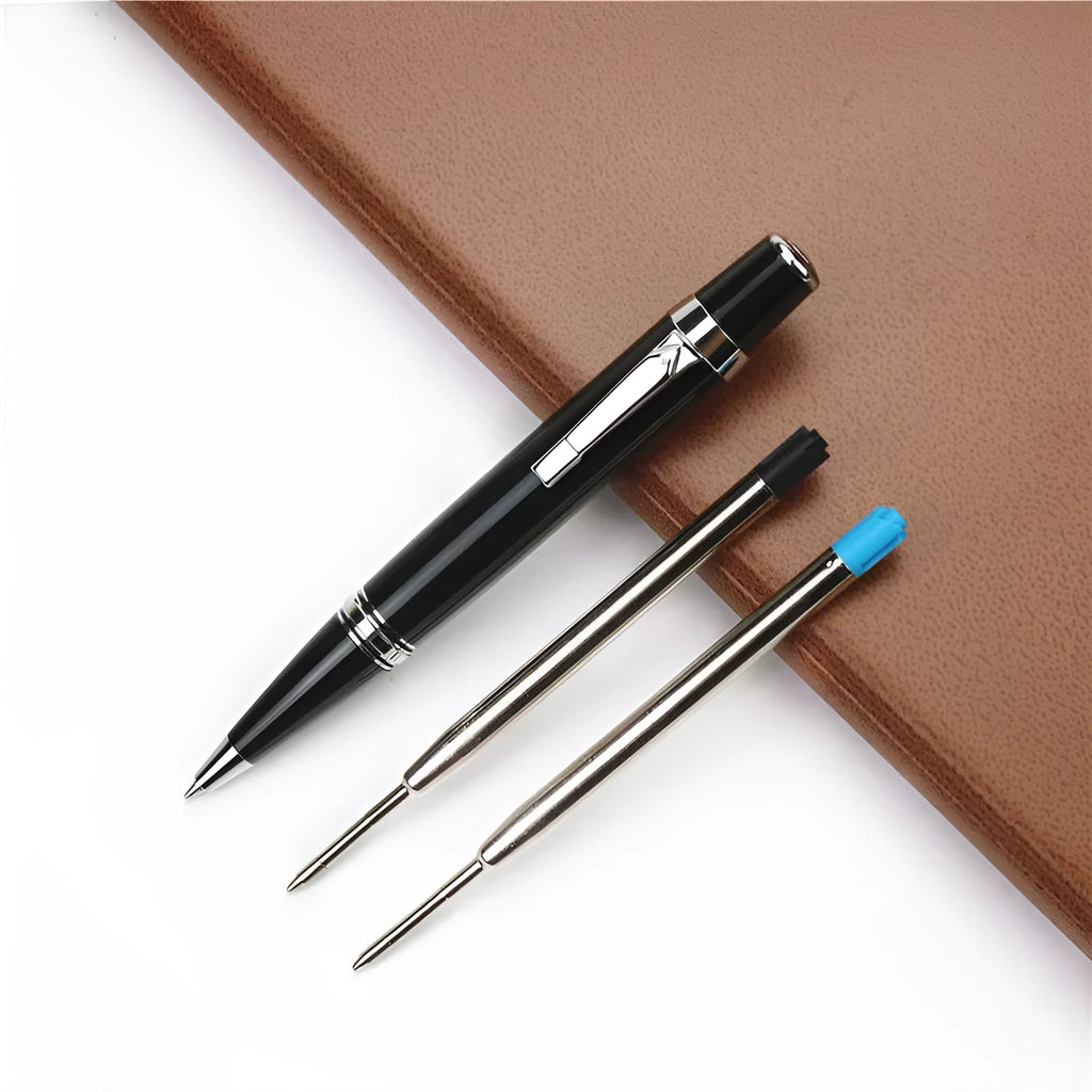 Black full metal pocket ballpoint pen with a 0.7mm refill and two spare refills.