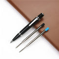Black full metal pocket ballpoint pen with a 0.7mm refill and two spare refills.