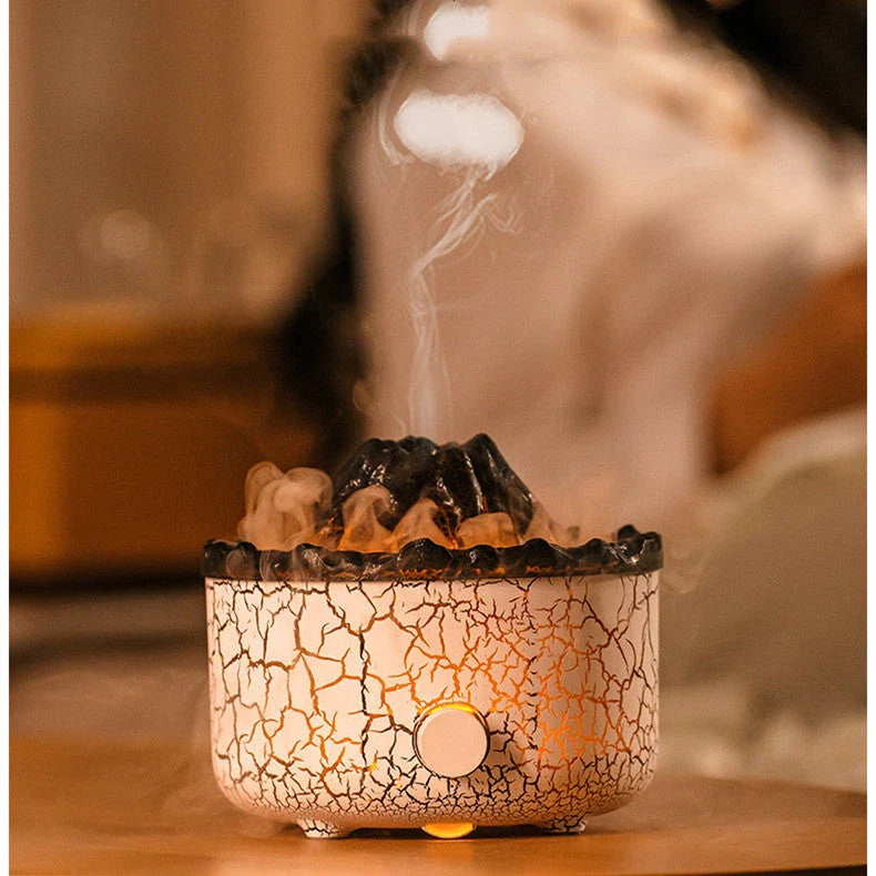 Volcano-inspired essential oil diffuser with realistic mist and LED flame-like light effects, providing a calming and mesmerizing ambiance for your home