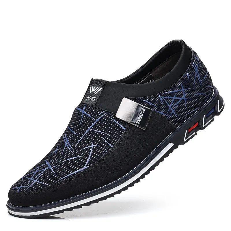 Men's black synthetic leather slip-on casual shoes with a square toe and flat rubber sole.