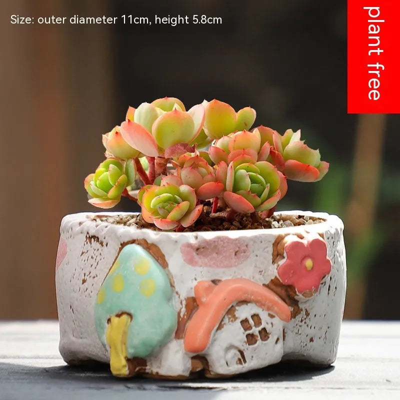 Hand-painted ceramic flower pot with pastoral design and large planting area