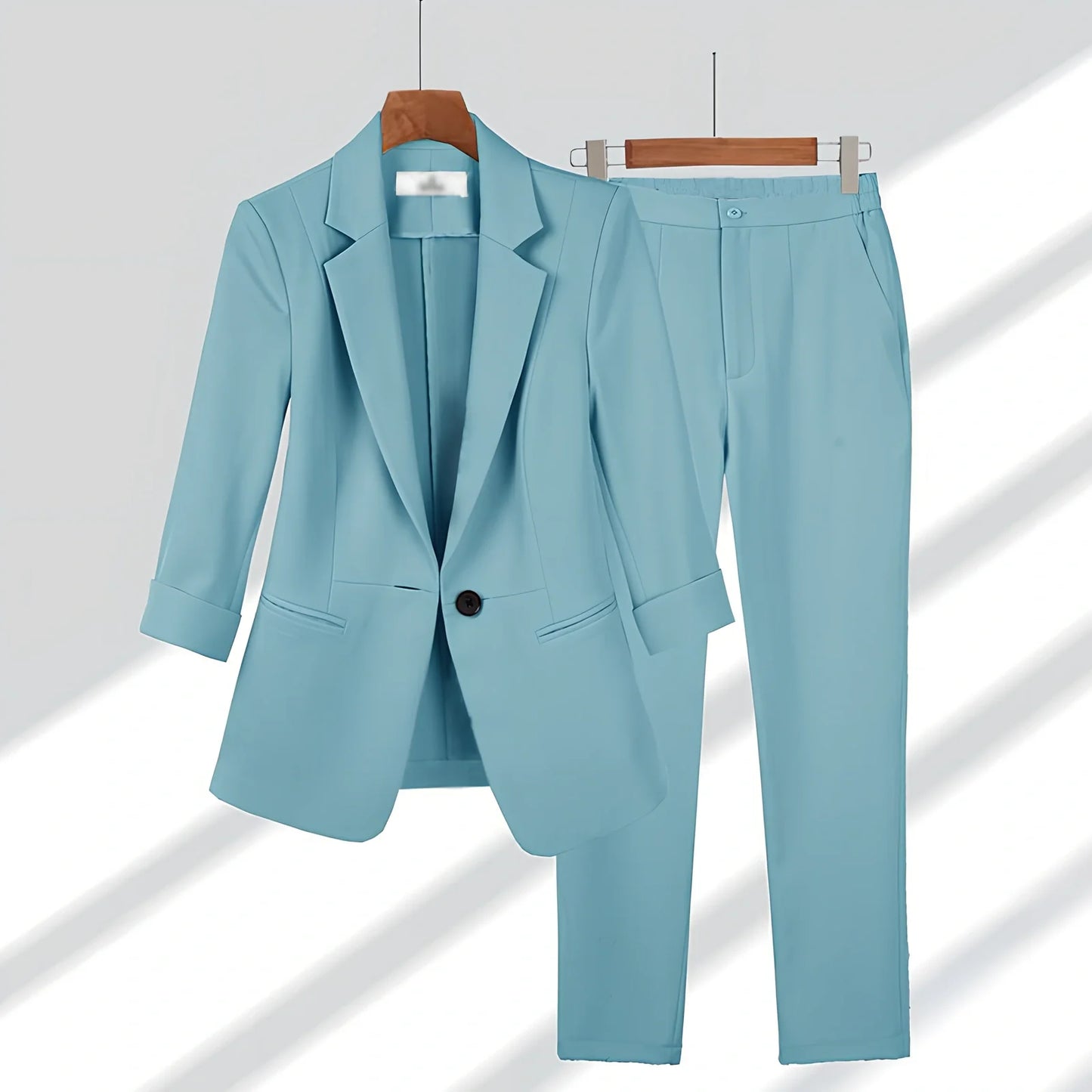 Women's beige blazer set: single-breasted lapel jacket with long sleeves and straight zipper trousers, polyester, sizes S-4XL