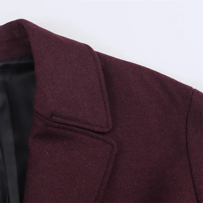 Women's all-match loose slimming long overcoat in wine red with spandex blend fabric for commute