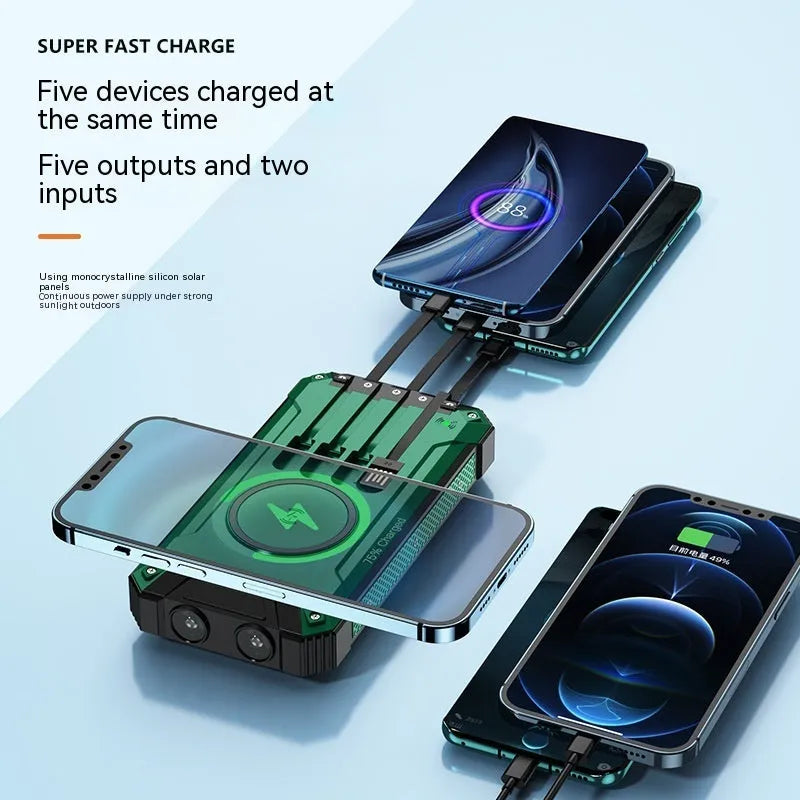 Portable solar power bank with wireless charging, plastic shell, 173x89x28mm, in orange black colour option.
